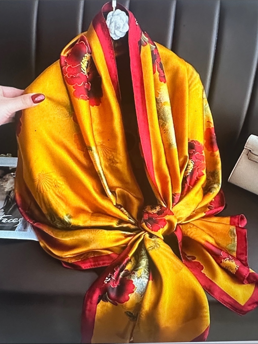 Silk-Feel Floral Scarf in Mustard Yellow and Red